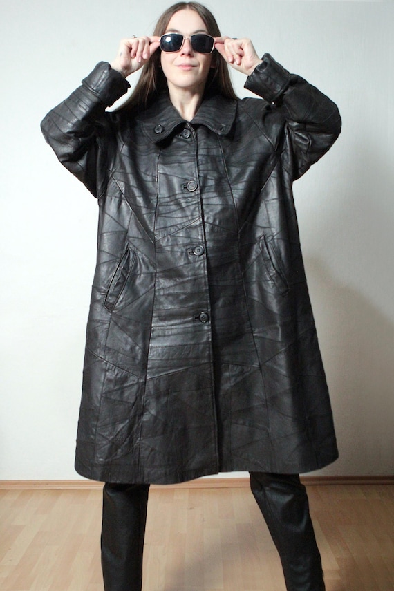 Patchwork leather coat / Dark brown leather maxi … - image 1
