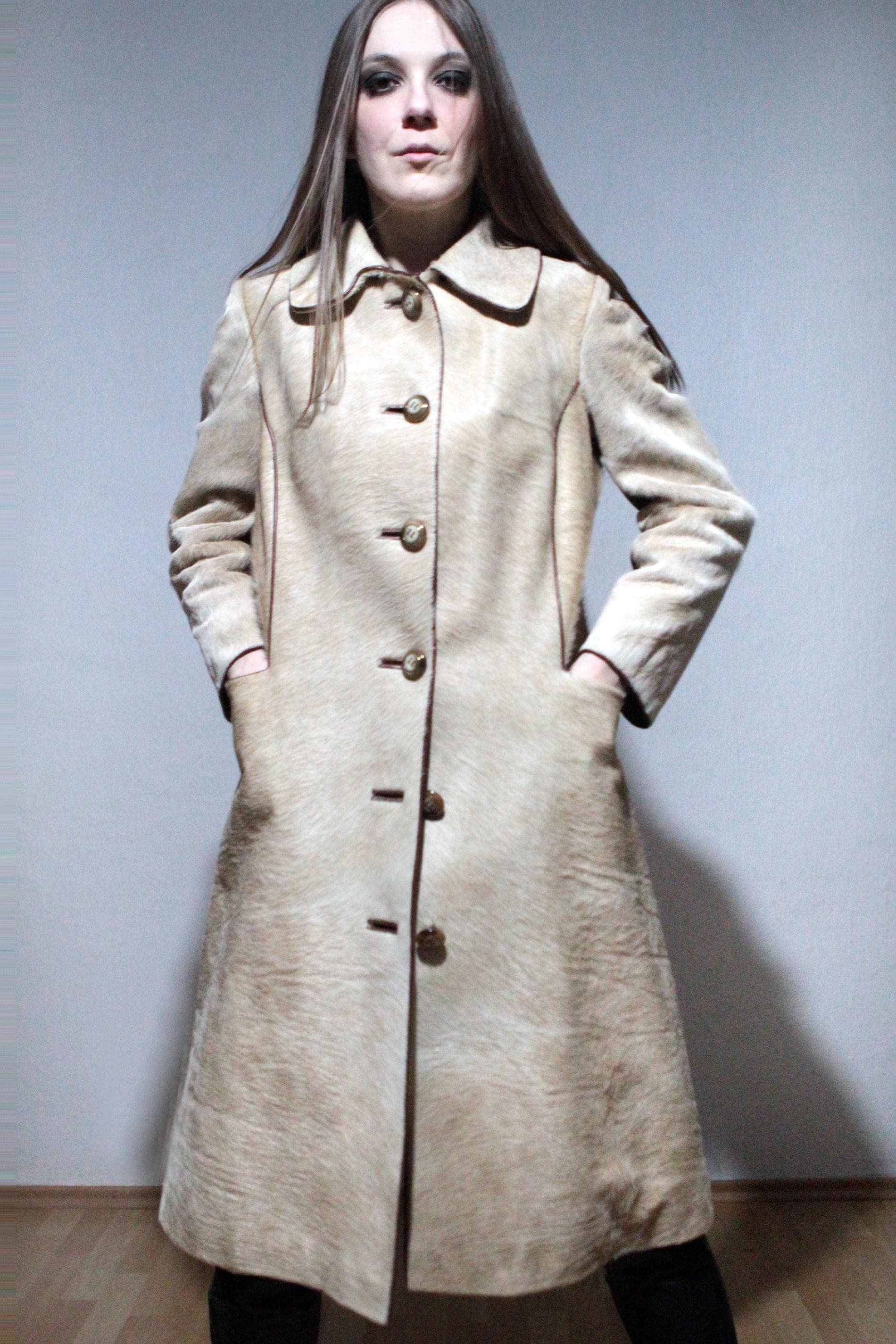 Pony Hair Coat / Cowhide Leather Trench Coat / 70s Vintage Real