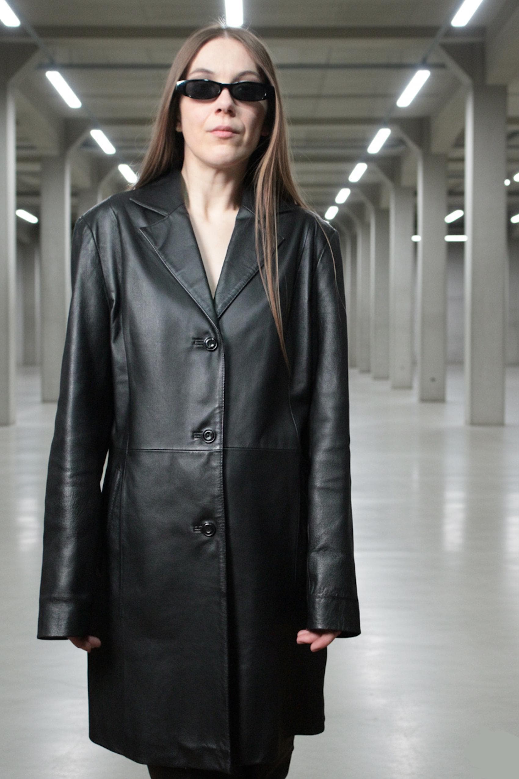 ジャケット・アウター 2000s used puff sleeve long leather coat Womens Long Leather Blazer / 2000s Vintage Black Leather Coat