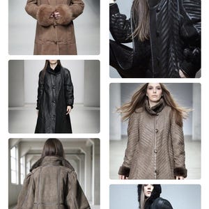 May include: A collection of long coats featuring various designs, including a tan coat with fur trim and toggle closures, a black coat with chevron stitching, and a brown coat with a high collar and fur-lined cuffs, all displayed in a runway setting.