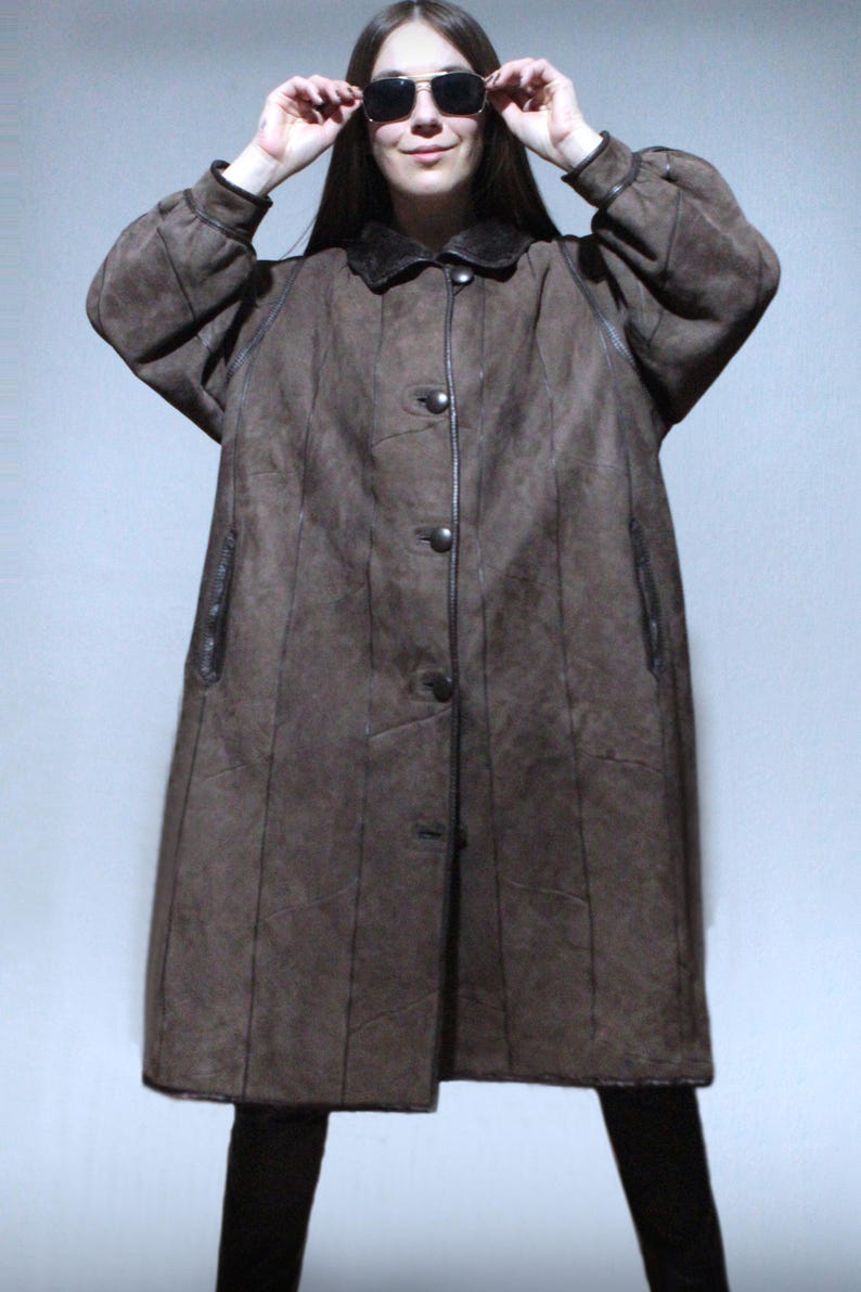 reversible brown sheepskin coat with real shearling teddy bear fur