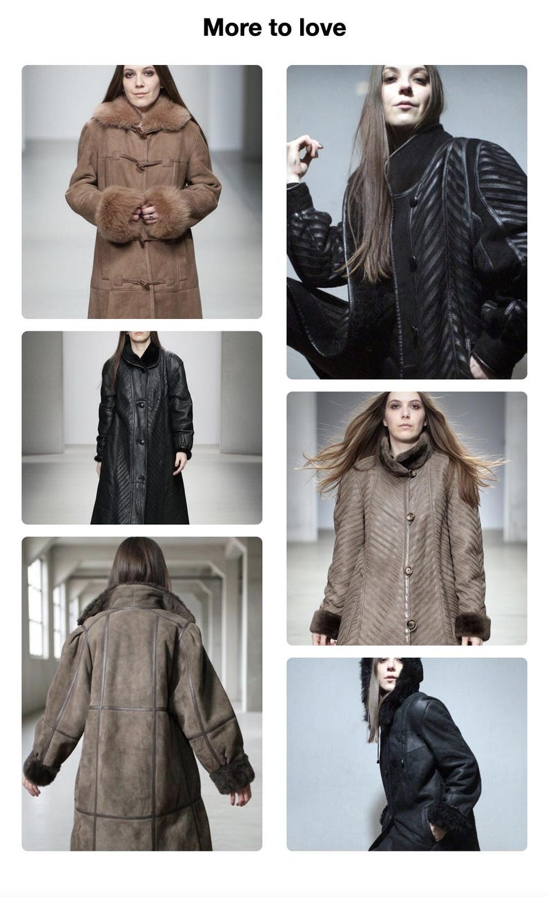 May include: A collection of stylish coats in various shades of brown and black. The coats feature fur trim on the cuffs and collars. The image includes a variety of styles, including long coats and jackets, showcasing different textures and designs.