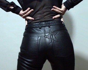 Black Star skinny leather pants / 00s high waisted black leather trousers
