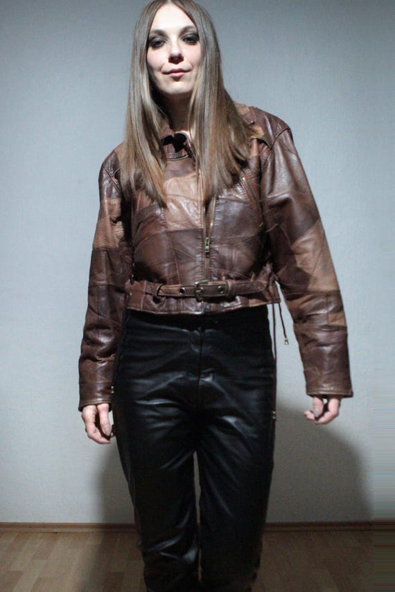 Cropped brown patchwork leather jacket / Vintage … - image 8