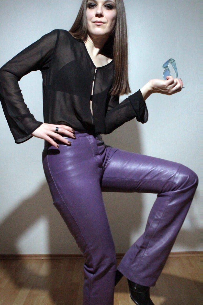 00s Purple leather pants high rise bootcut flare leather trousers