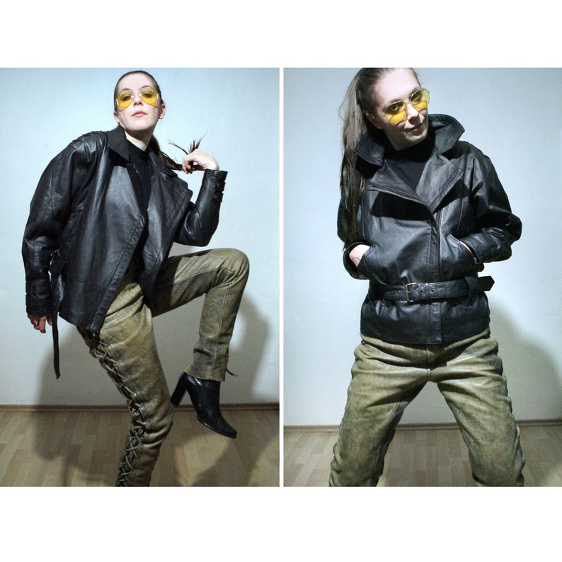 90s vintage black leather motorcycle jacket with lace up leather pants