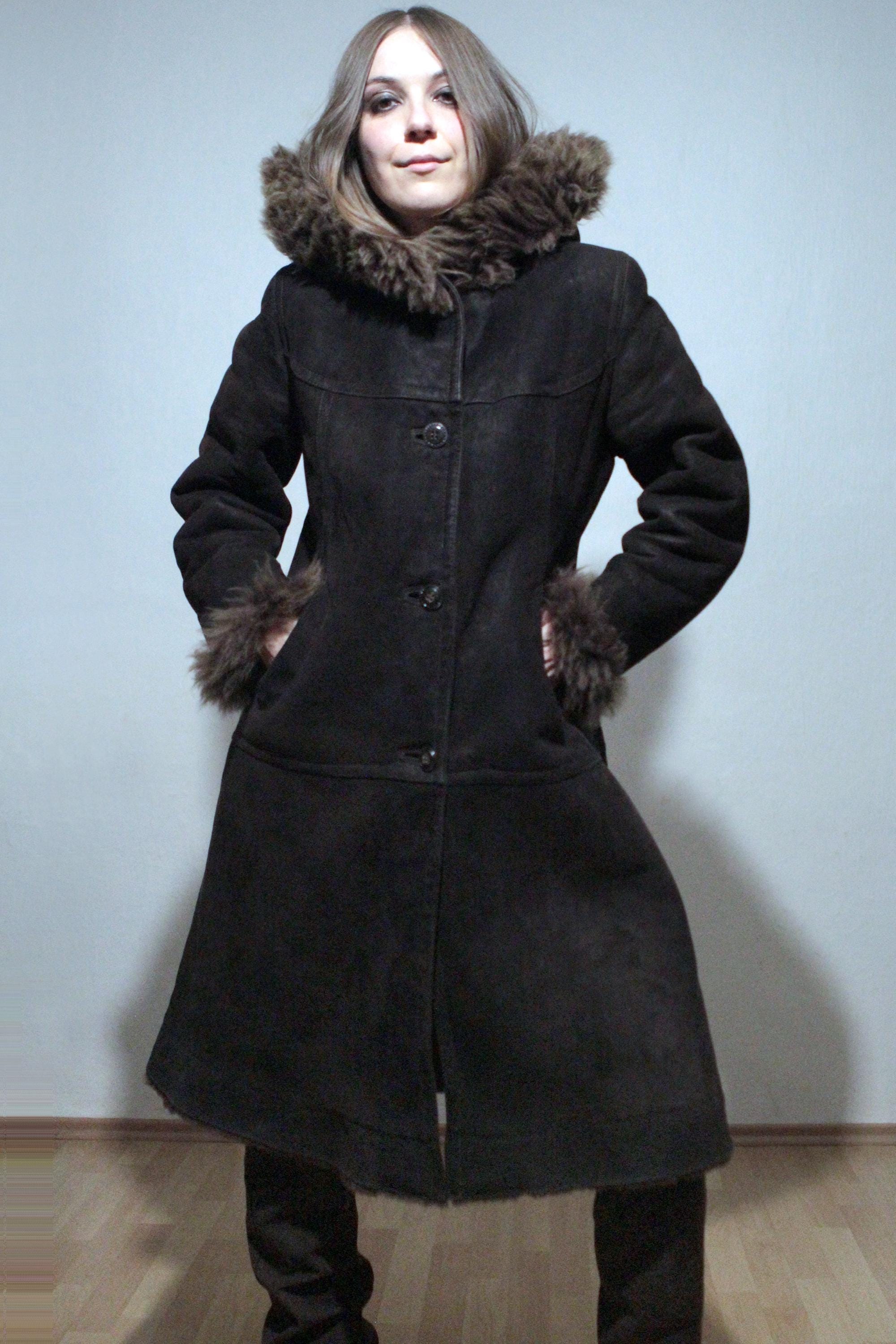 Long Shearling Coat / Hooded Sheepskin Jacket / Brown Suede