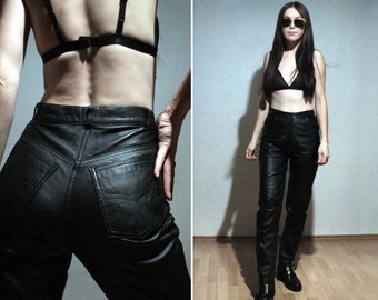 Vintage black leather pants / High waisted leather trousers