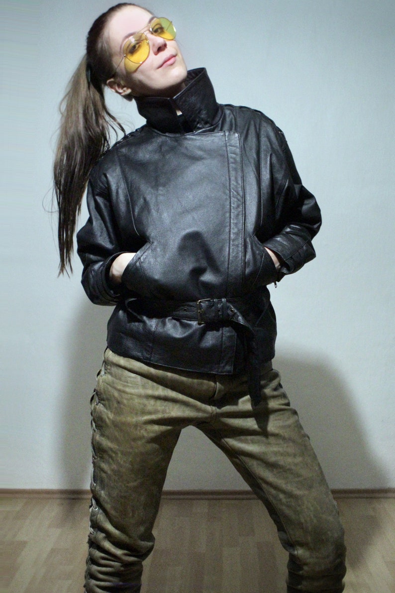 90s vintage black leather motorcycle jacket with lace up leather pants