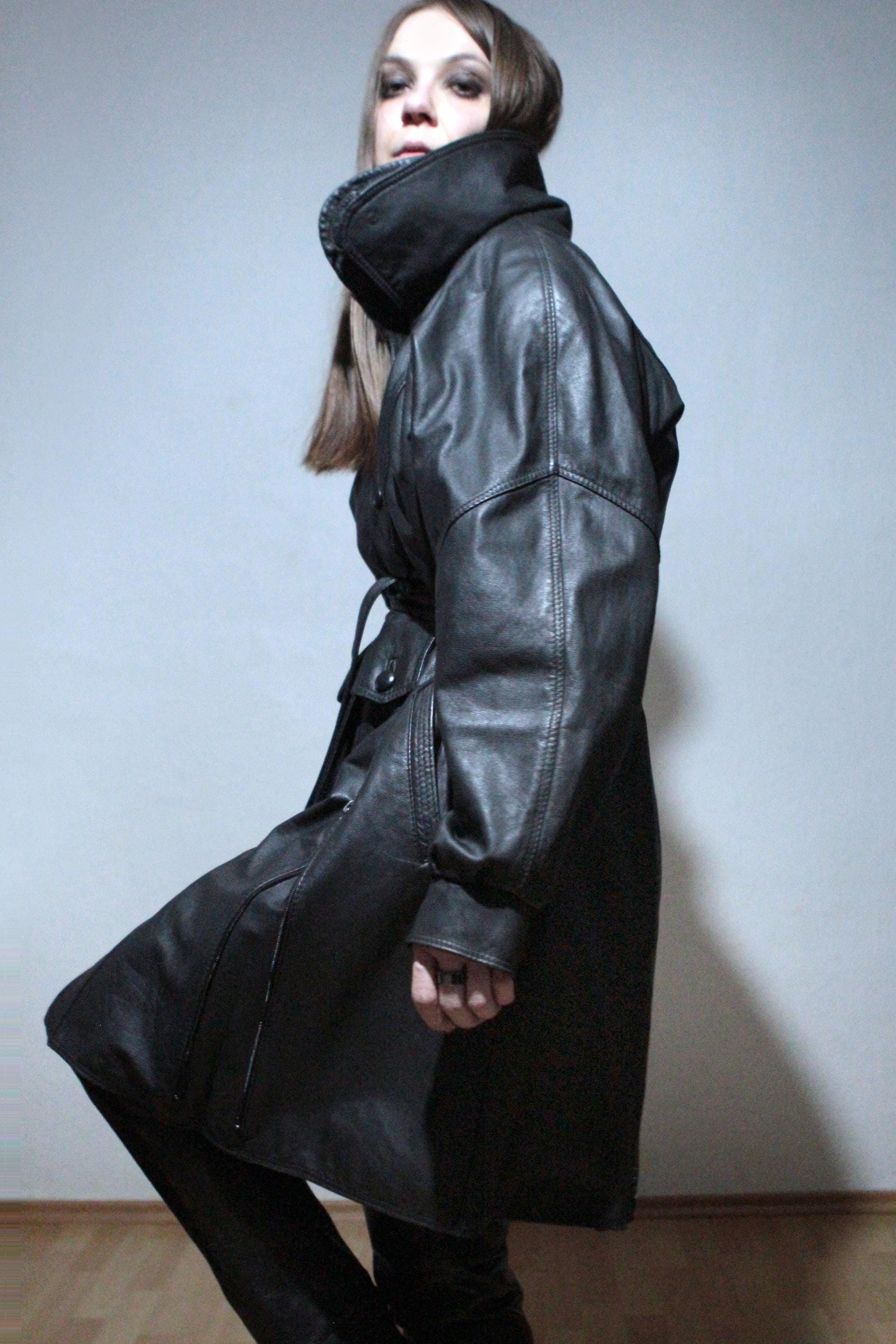 Leather Trench Coat / Womens Vintage Black Leather Jacket