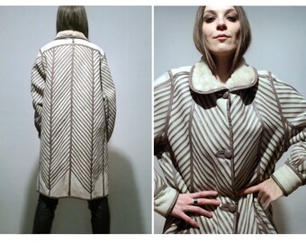 Off white shearling jacket / Oversized sheepskin coat / Vintage patchwork leather coat