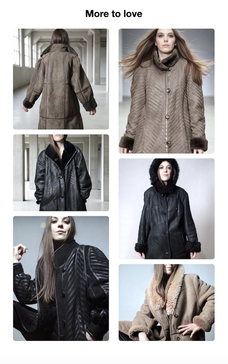 May include: Collection of shearling coats in various styles and colors. The coats feature details like fur trim, button closures, and textured leather. The image includes coats in brown, black, and tan.