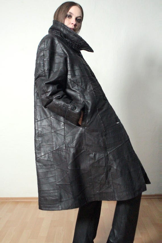 Patchwork leather coat / Dark brown leather maxi … - image 5