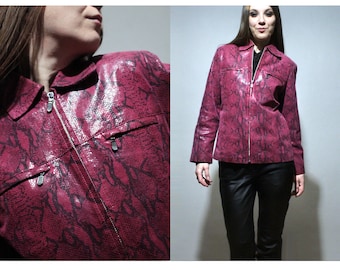 Pink leather jacket / 00s Vintage snakeskin jacket