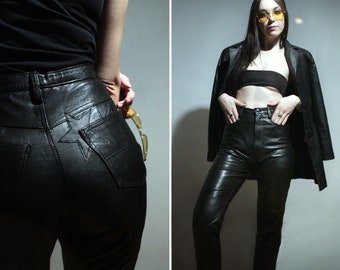 Black Star leather pants / Womens high waisted pants / 90s vintage black leather trousers