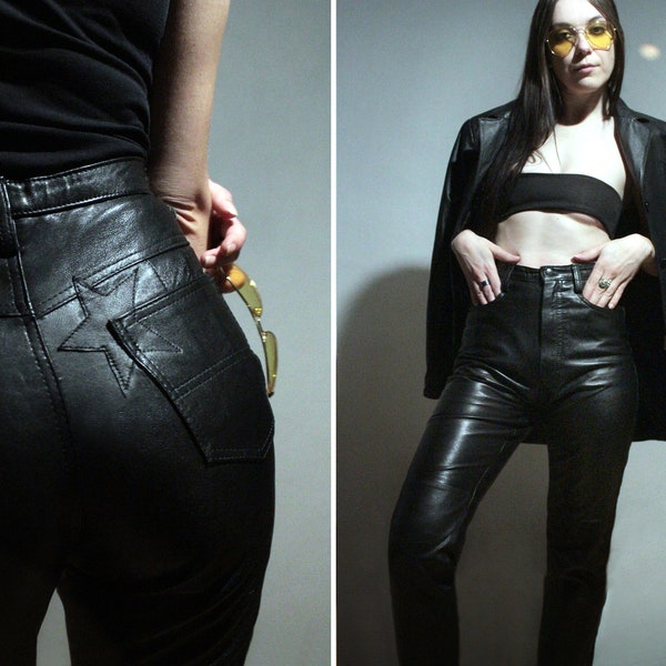 Black Star leather pants / Womens high waisted pants / 90s vintage black leather trousers
