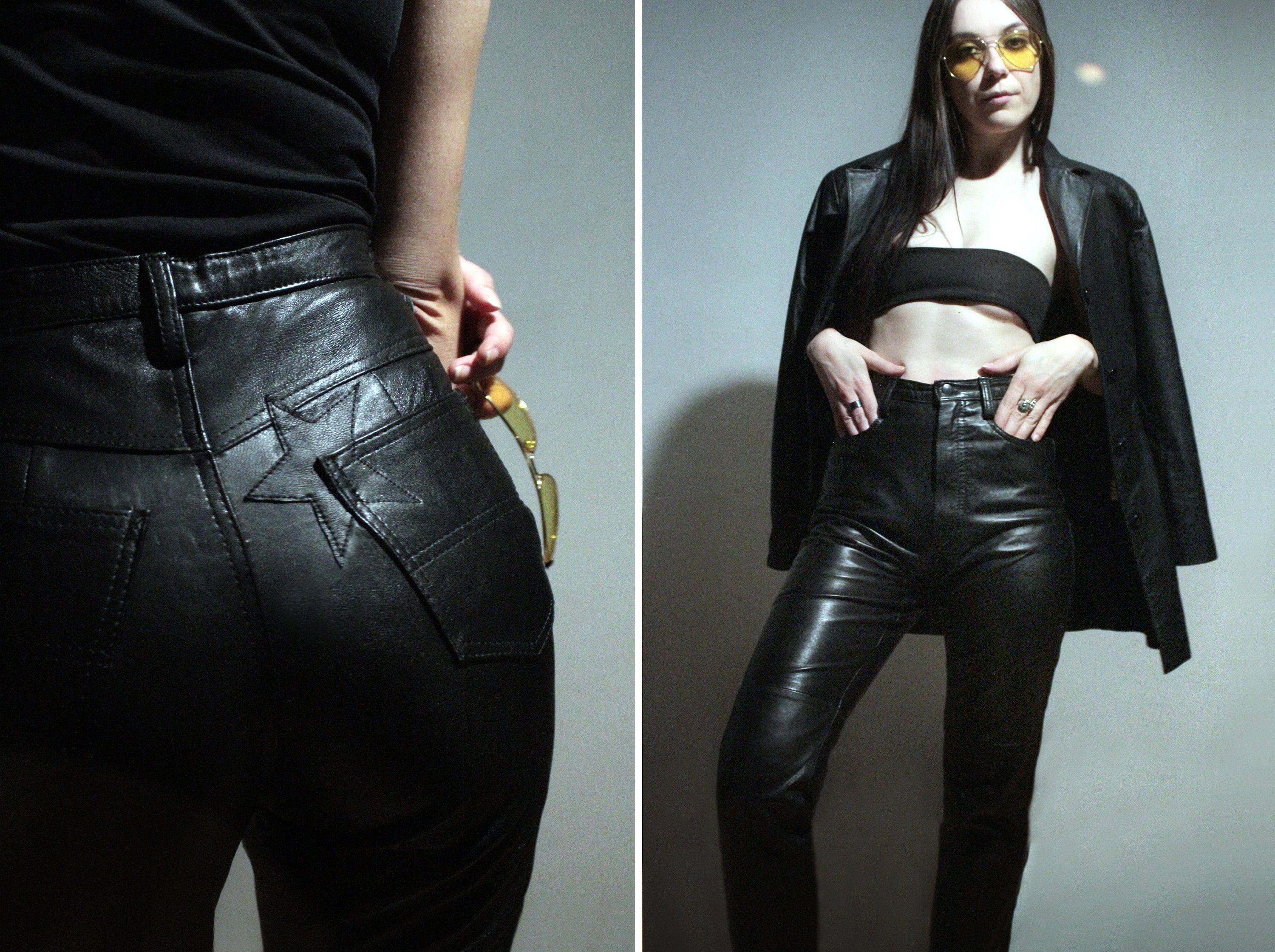 Black Star Leather Pants / Womens High Waisted Pants / 90s Vintage Black Leather  Trousers 