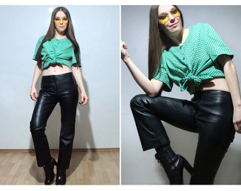 Mid rise leather pants / Bootcut leather trousers with lower waist