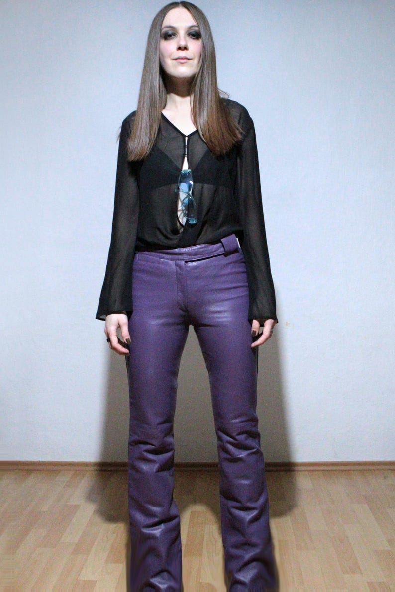 00s Purple leather pants high rise bootcut flare leather trousers