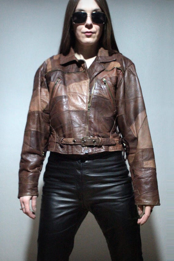 Cropped brown patchwork leather jacket / Vintage … - image 3