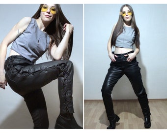 Lace up leather pants / High waisted black leather motorcycle pants