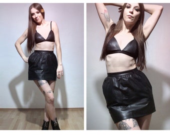 Leather ultra-mini skirt / High waisted black leather skirt