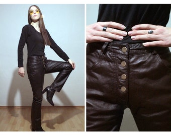 Brown leather button up pants / Bootcut leather pants