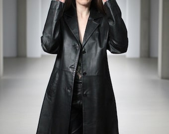 Womens Long Leather Blazer / 2000s Vintage Black Leather Coat