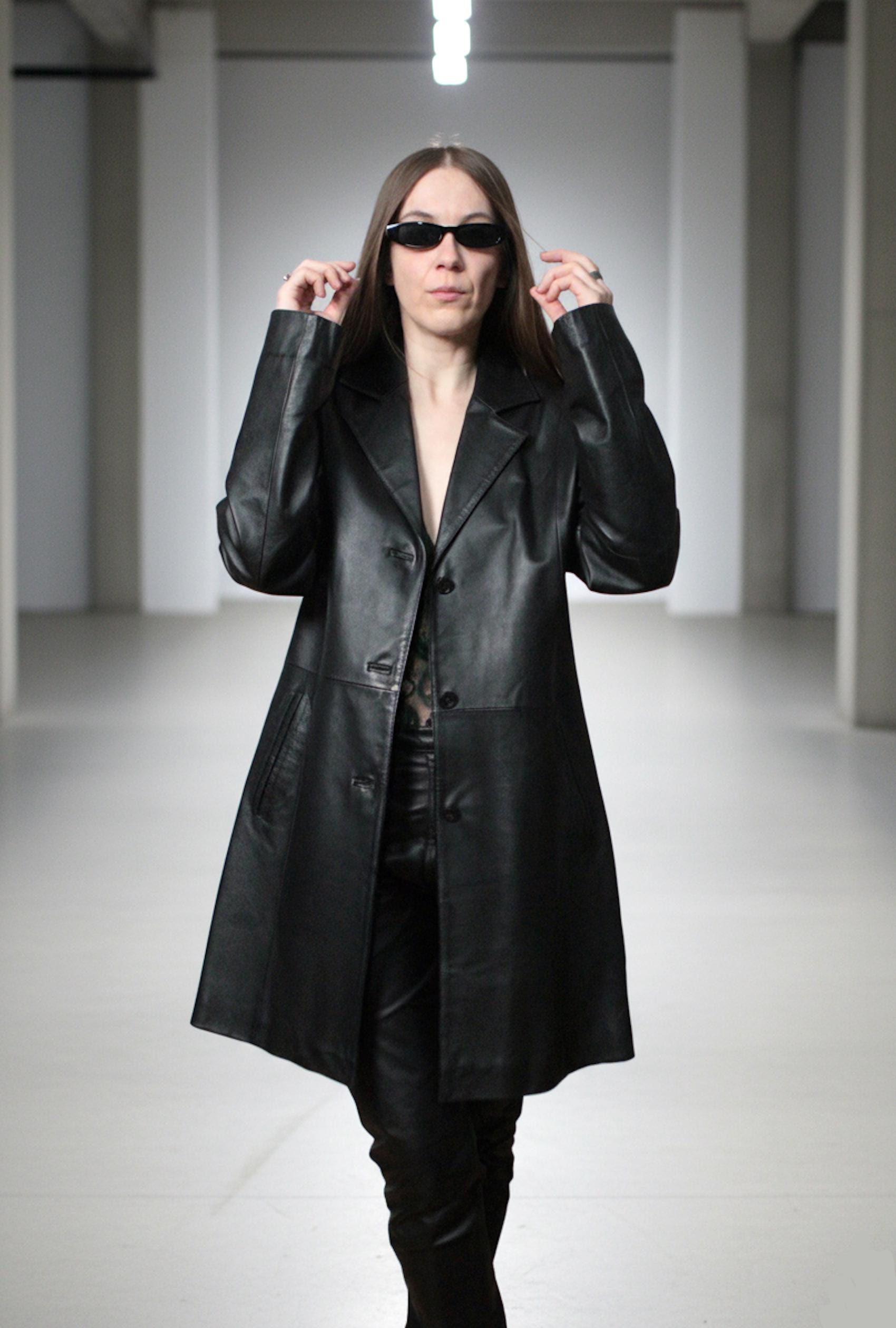 ジャケット・アウター 2000s used puff sleeve long leather coat Womens Long Leather Blazer / 2000s Vintage Black Leather Coat