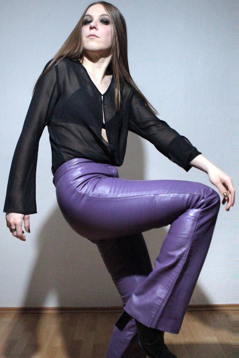 00s Purple leather pants high rise bootcut flare leather trousers y2k