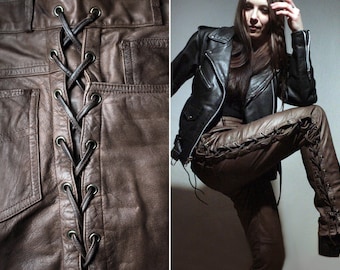 Lace up leather pants / Brown leather motorcycle pants