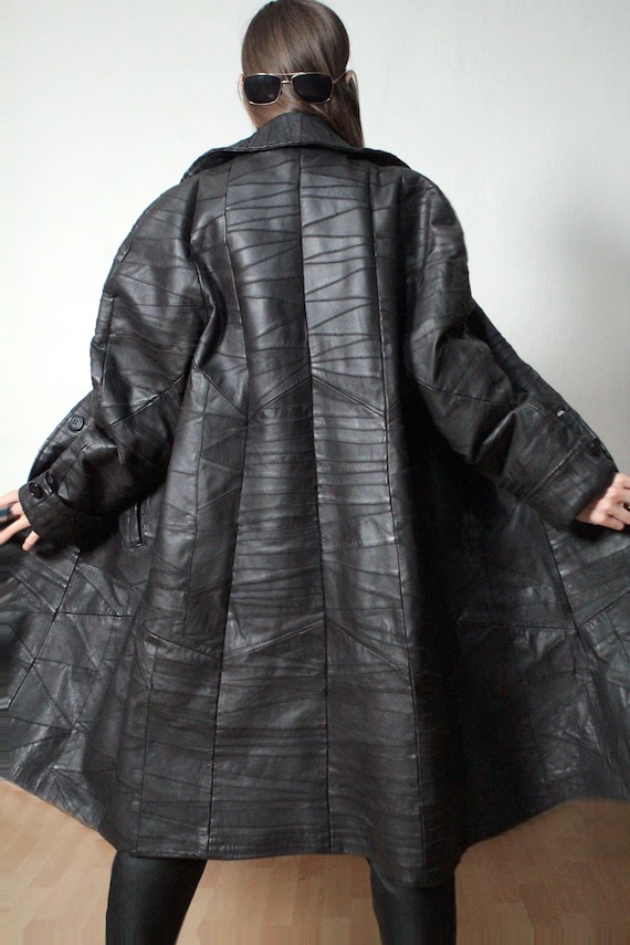 Patchwork leather coat / Dark brown leather maxi … - image 4