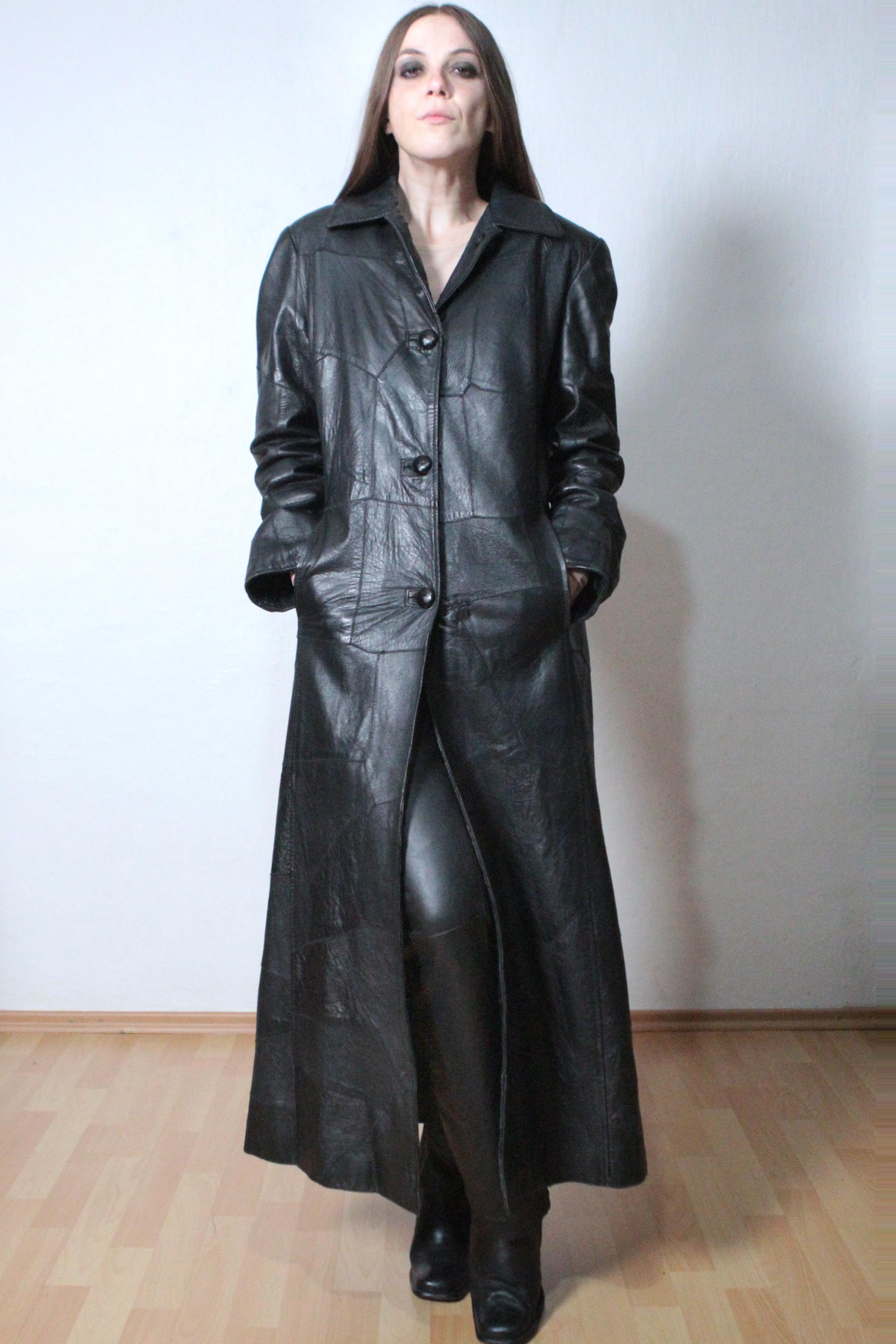 Patchwork Leather Maxi Coat / 2000s Vintage Long Black Leather