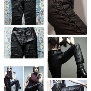 May include: Collection of black leather pants in various styles. Includes a pair with back pockets, a pair with a drawstring waist, and a pair with lace-up detailing on the side. Also features images of the pants being worn.