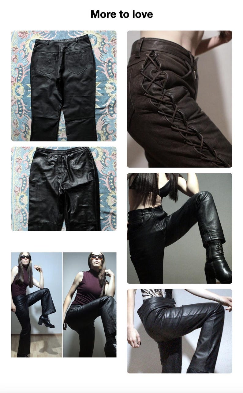 May include: Collection of black leather pants in various styles. Includes a pair with back pockets, a pair with a drawstring waist, and a pair with lace-up detailing on the side. Also features images of the pants being worn.
