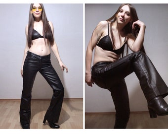 Low rise flare leather pants / Y2K Bell bottom leather trousers