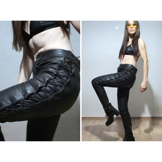 Lace up Leather Pants / Black Leather Motorcycle Pants 