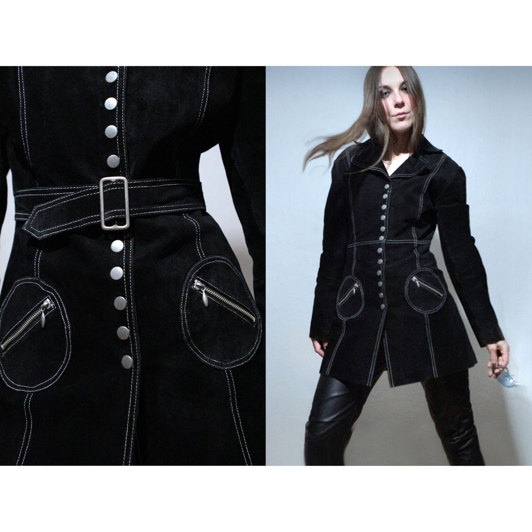 Schwarzer Wildleder Trenchcoat Langer Lederblazer mit Gürtel