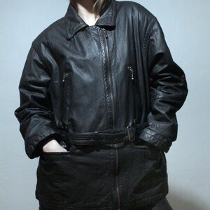 90s vintage black leather parka jacket with leather belt