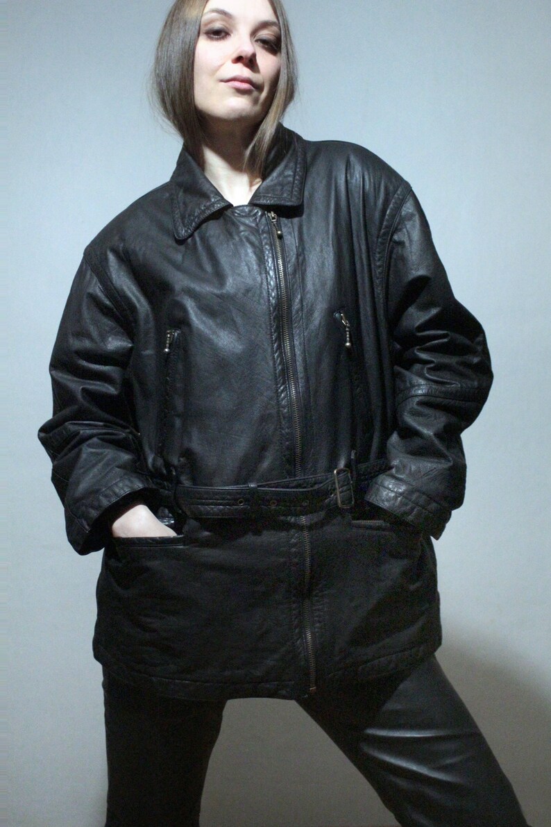 90s vintage black leather parka jacket with leather belt