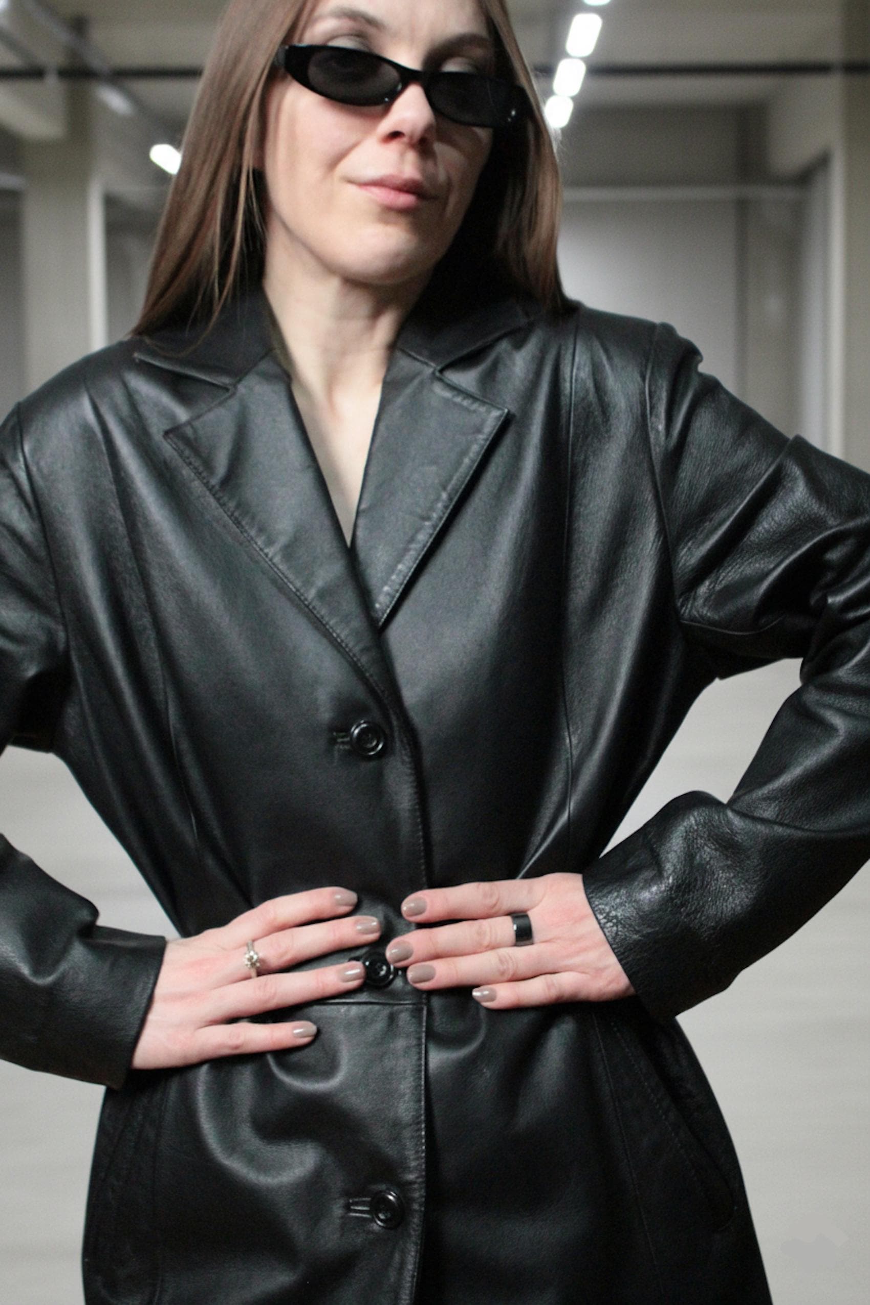 Womens Long Leather Blazer / 2000s Vintage Black Leather Coat - Etsy