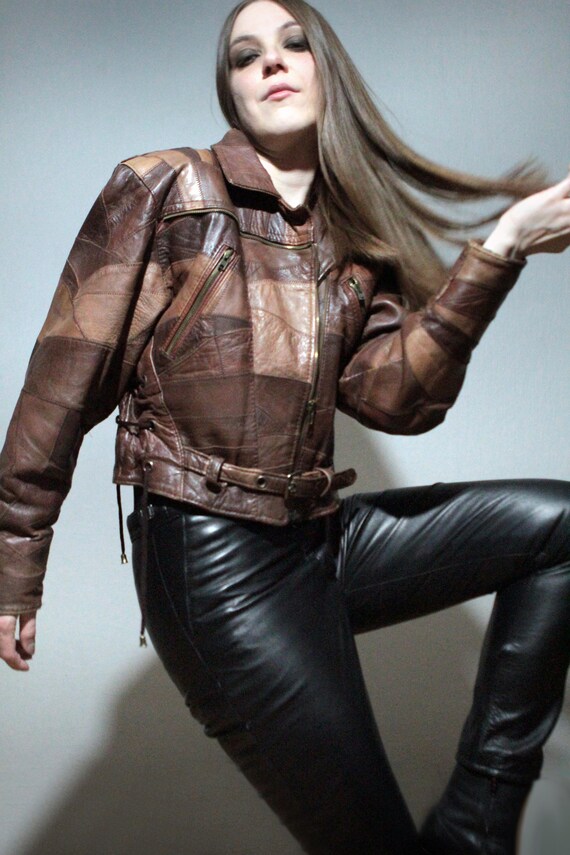 Cropped brown patchwork leather jacket / Vintage … - image 7