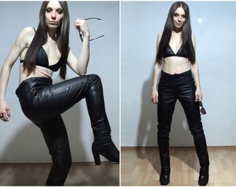 00s Vintage leather pants / High waisted black leather motorcycle pants