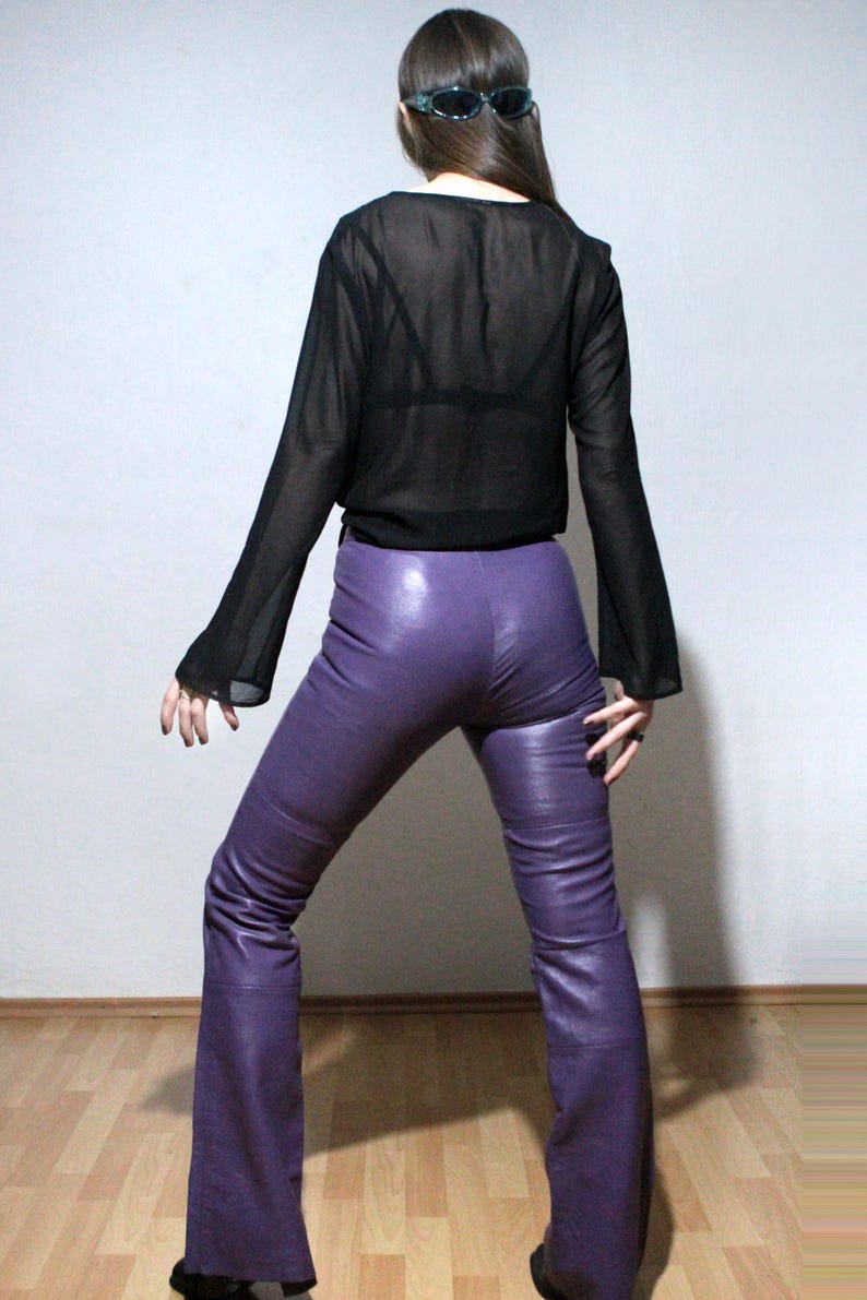 00s Purple leather pants high rise bootcut flare leather trousers