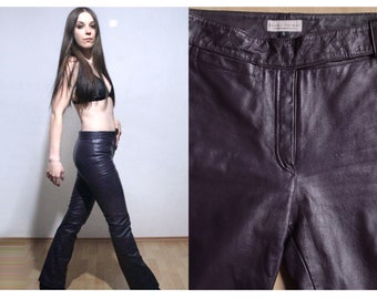 00s Purple leather pants / Y2K High waisted flare leather trousers