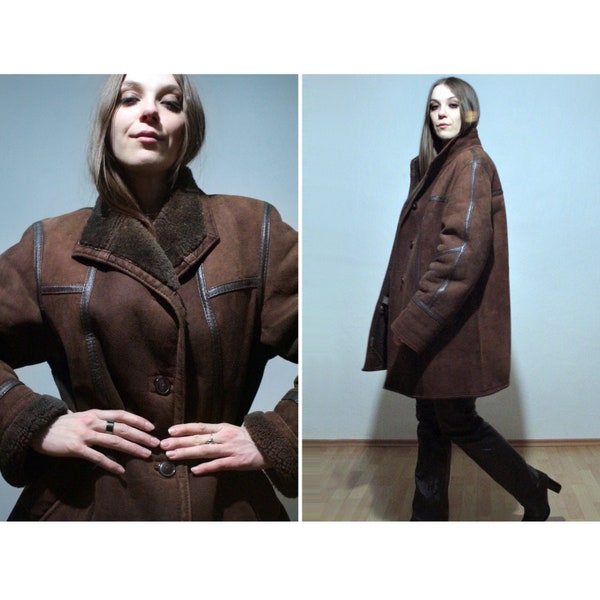 Brown sheepskin jacket / Winter shearling coat / Patchwork leather parka