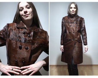 Cowhide leather trench coat / 70s Vintage pony hair leather coat