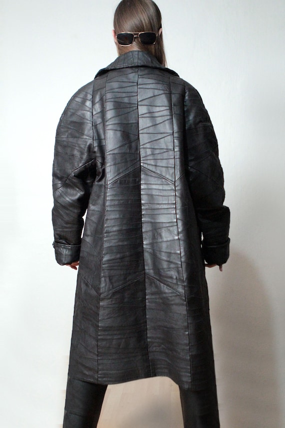 Patchwork leather coat / Dark brown leather maxi … - image 3