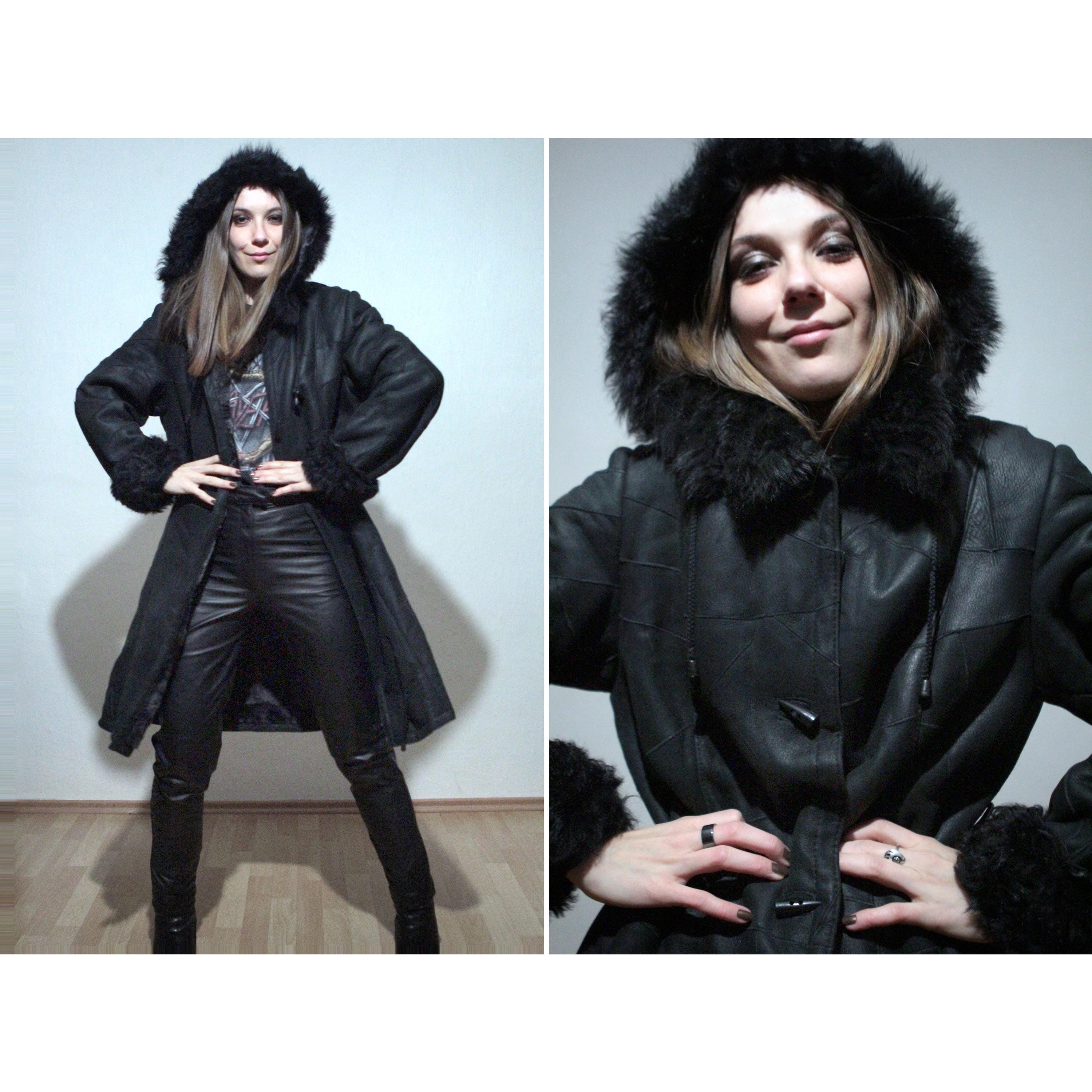 Long black shearling coat / Hooded sheepskin jacket / Patchwork suede coat