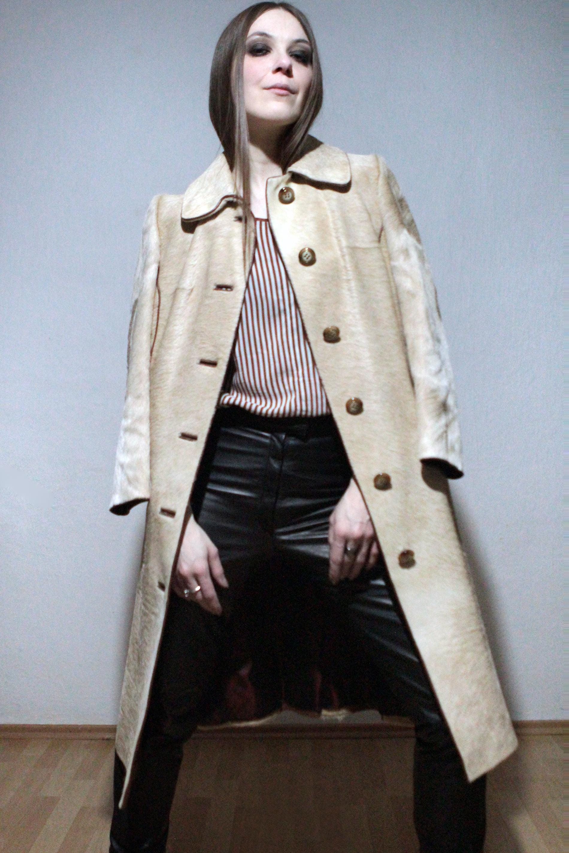 Pony Hair Coat / Cowhide Leather Trench Coat / 70s Vintage Real